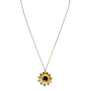 Vintage Spring Sunflower Necklace Round Cut Faceted Amber Glass Stone Pendant